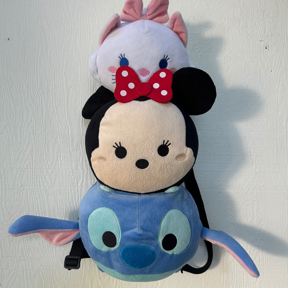 Disney Tsum Tsum Plush Backpack Marie Minnie Mouse Stitch Stacked Bag NWOT